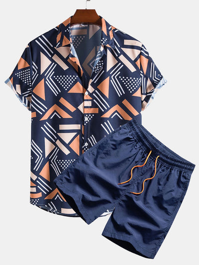 Geometrisk polo och kort sommarset för män