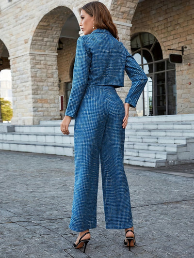 Elegant Tweedstil Kort Kostym Och Hög Midja Vida Byxor Blazer-Set För Kvinnor | Ideal för Alla Årstider