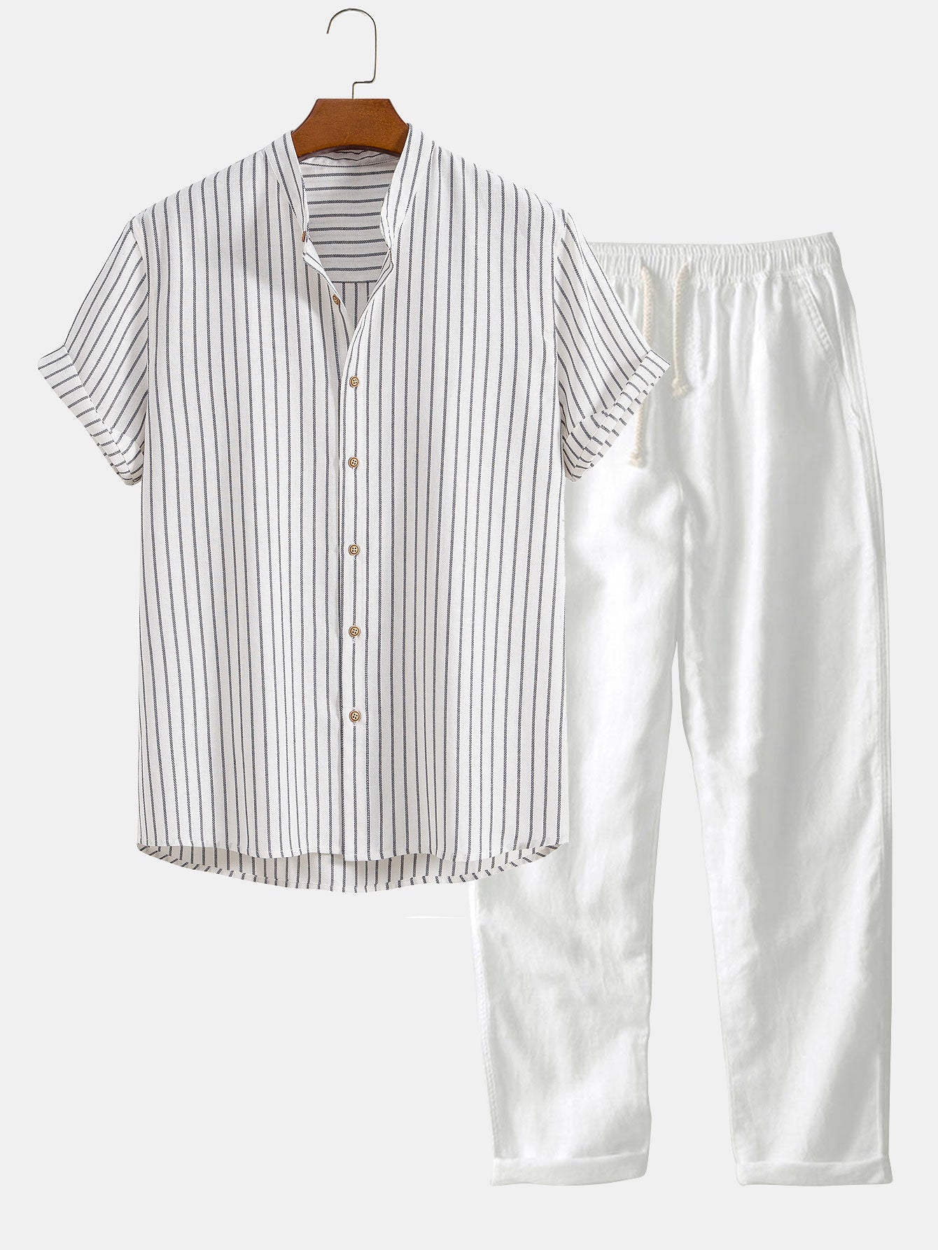 Cotton Blend Striped Stand Collar Shirt & Straight Leg Linen Pants