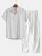 Cotton Blend Striped Stand Collar Shirt & Straight Leg Linen Pants
