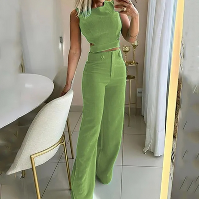 Snygg crop top och långbyxor med hög midja set för kvinnor