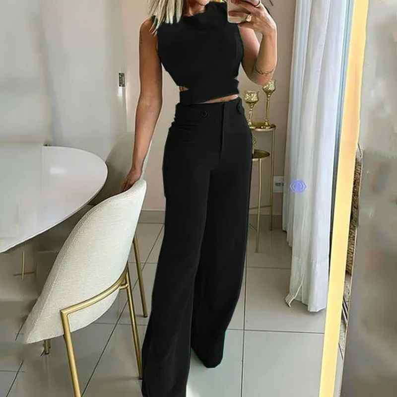 Snygg crop top och långbyxor med hög midja set för kvinnor