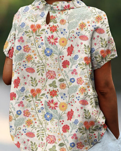 Floryn™ | Blommigt Tryck Bomull Linne Vår-Sommar Blus