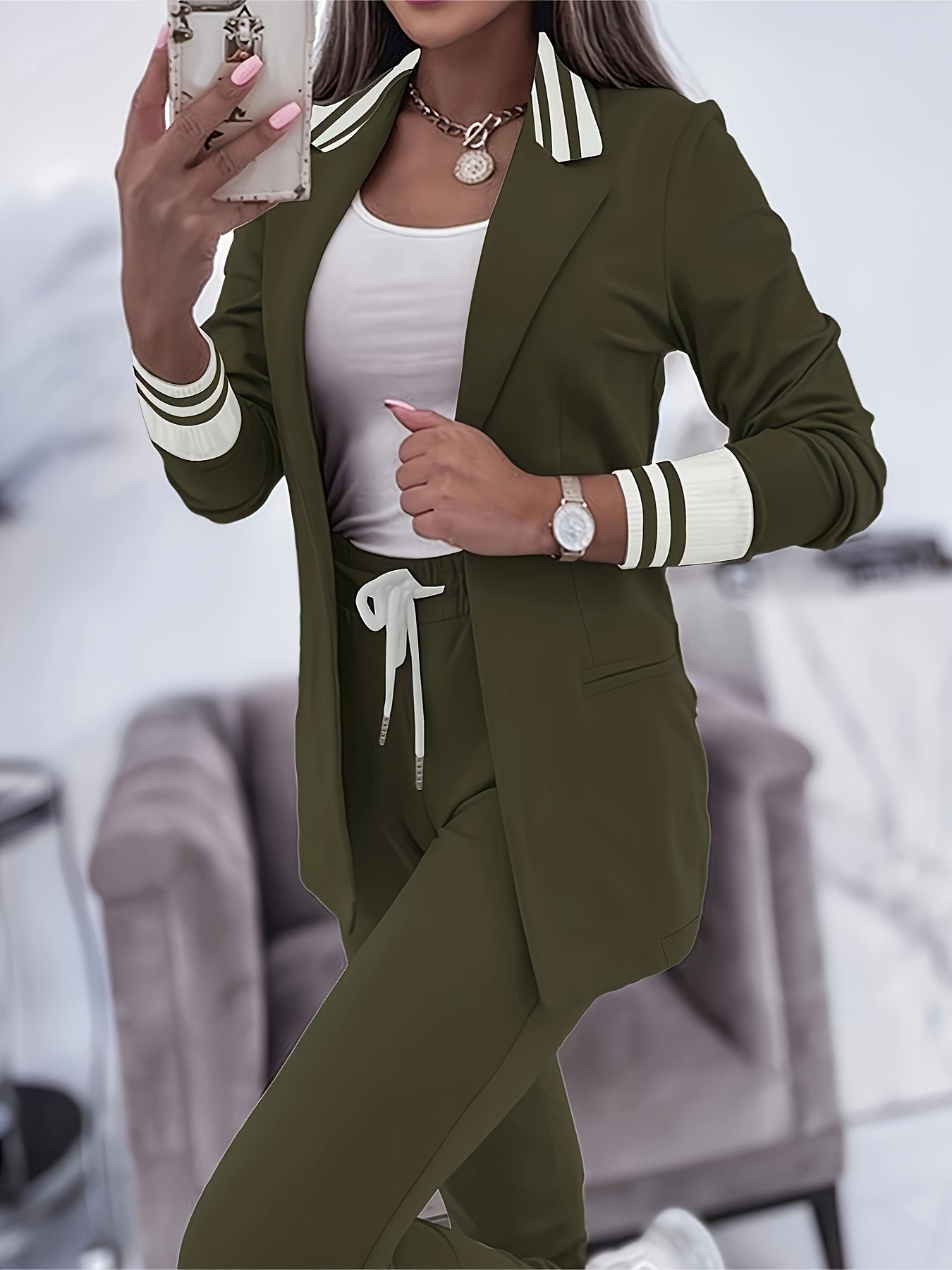 Elegant Front Långärmad Och Smala Byxor Blazer-Set För Kvinnor | Perfekt för Formella Tillfällen