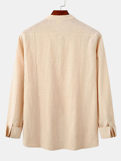 Long Sleeved Linen Look Stand Collar Shirt & Straight Leg Linen Pants