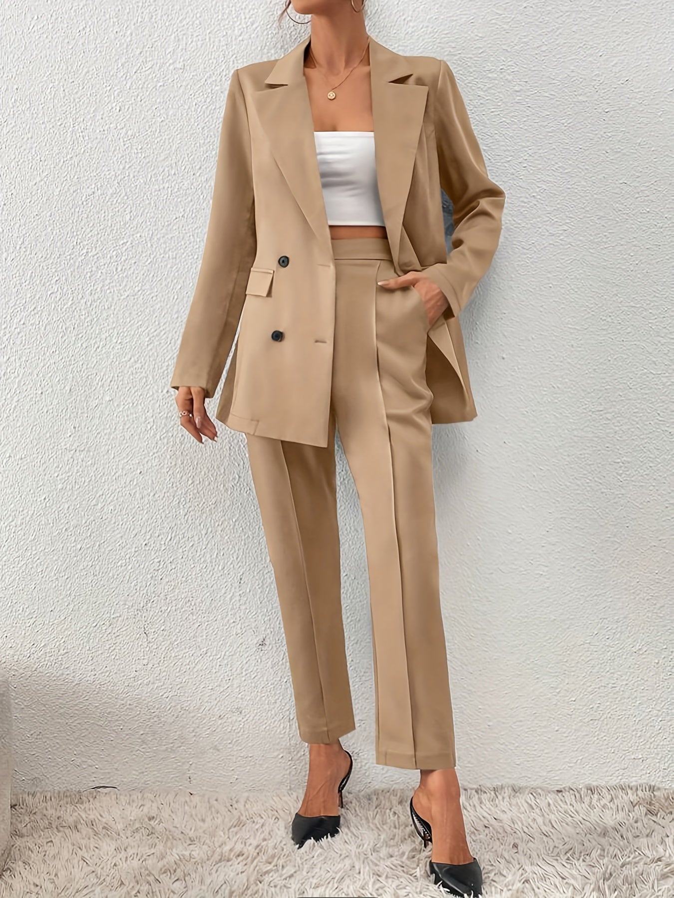 Elegant Enfärgad Kontor Tvådelad Blazer-Set För Kvinnor | För Formella Tillfällen