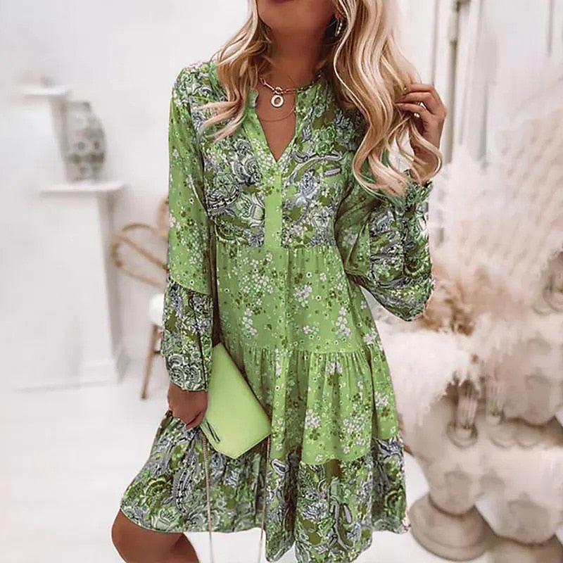 Alisha - Damens Lagda Volang Boho Midsommarklänning