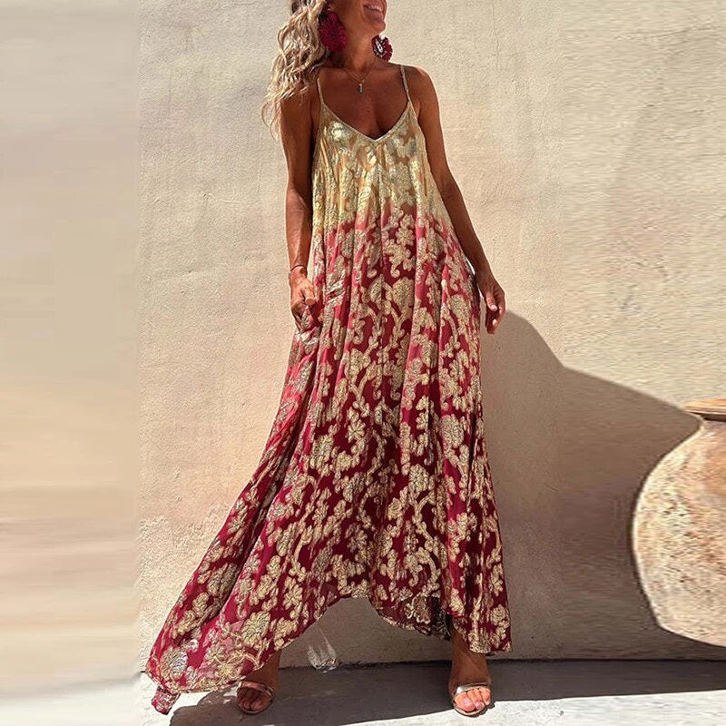 Sexig ärmlös Boho långklänning