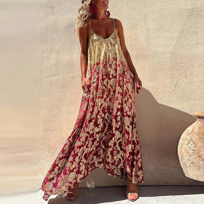 Sexig ärmlös Boho långklänning