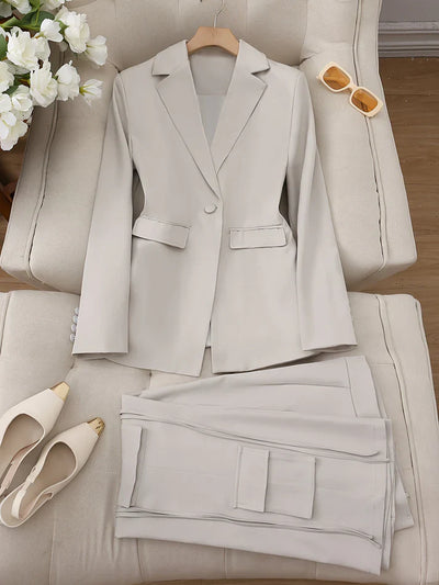 Elegant Sjalkrage Blazer Och Lockfickor Byxor Blazer-Set För Kvinnor | Perfekt för Formella Tillfällen