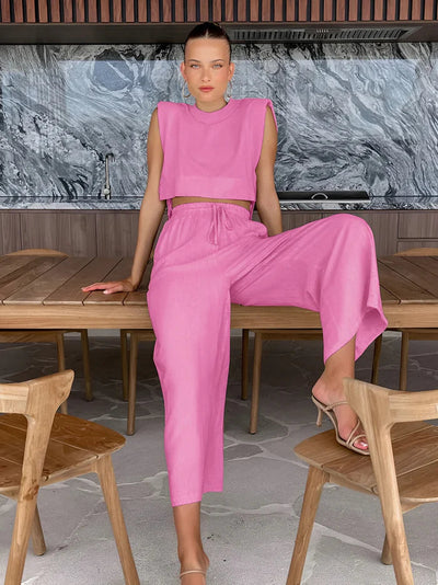 Sexig ärmlös crop top och byxor set för kvinnor