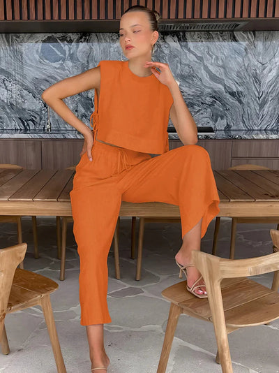 Sexig ärmlös crop top och byxor set för kvinnor
