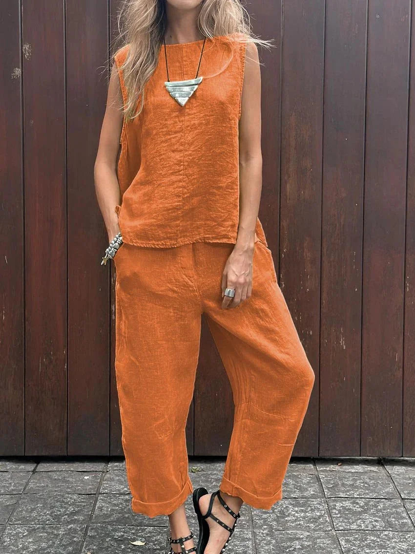 Lös ärmlös blus och raka byxor set för kvinnor