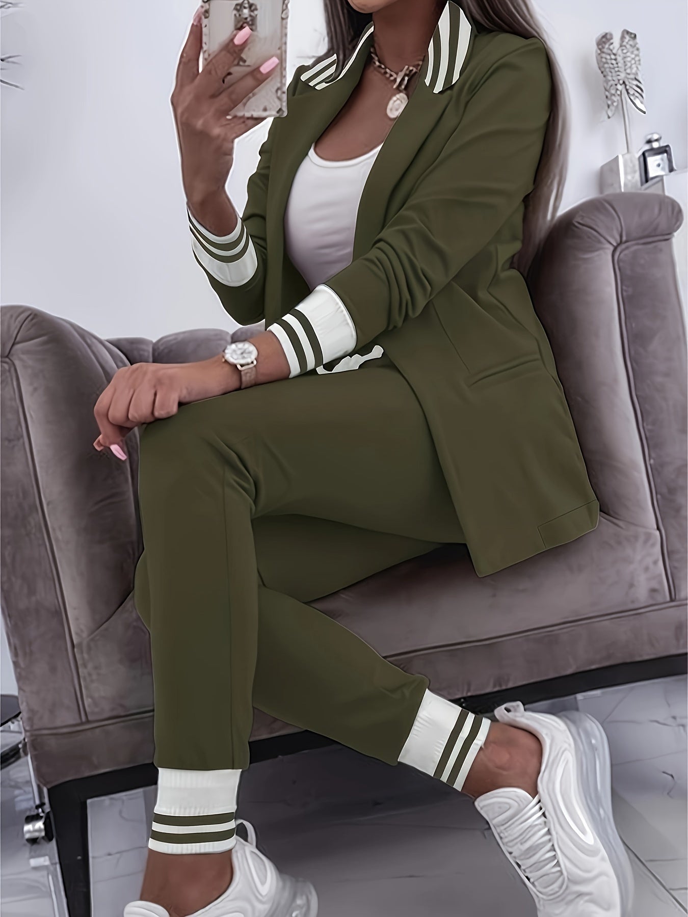 Elegant Front Långärmad Och Smala Byxor Blazer-Set För Kvinnor | Perfekt för Formella Tillfällen