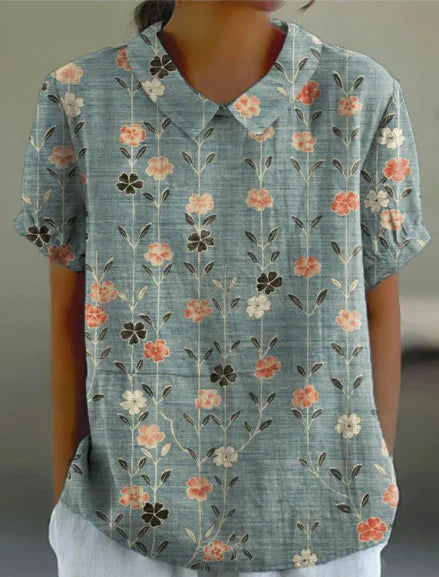 Floryn™ | Blommigt Tryck Bomull Linne Vår-Sommar Blus
