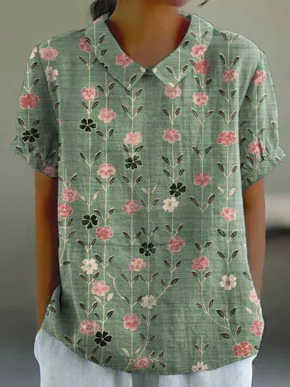 Floryn™ | Blommigt Tryck Bomull Linne Vår-Sommar Blus