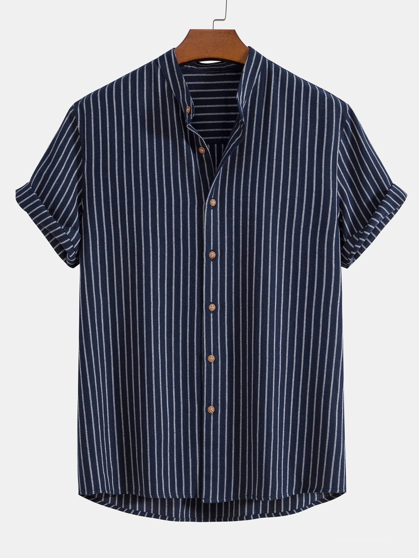 Cotton Blend Striped Stand Collar Shirt & Straight Leg Linen Pants