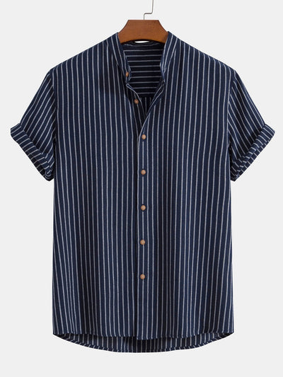 Cotton Blend Striped Stand Collar Shirt & Straight Leg Linen Pants