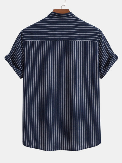 Cotton Blend Striped Stand Collar Shirt & Straight Leg Linen Pants