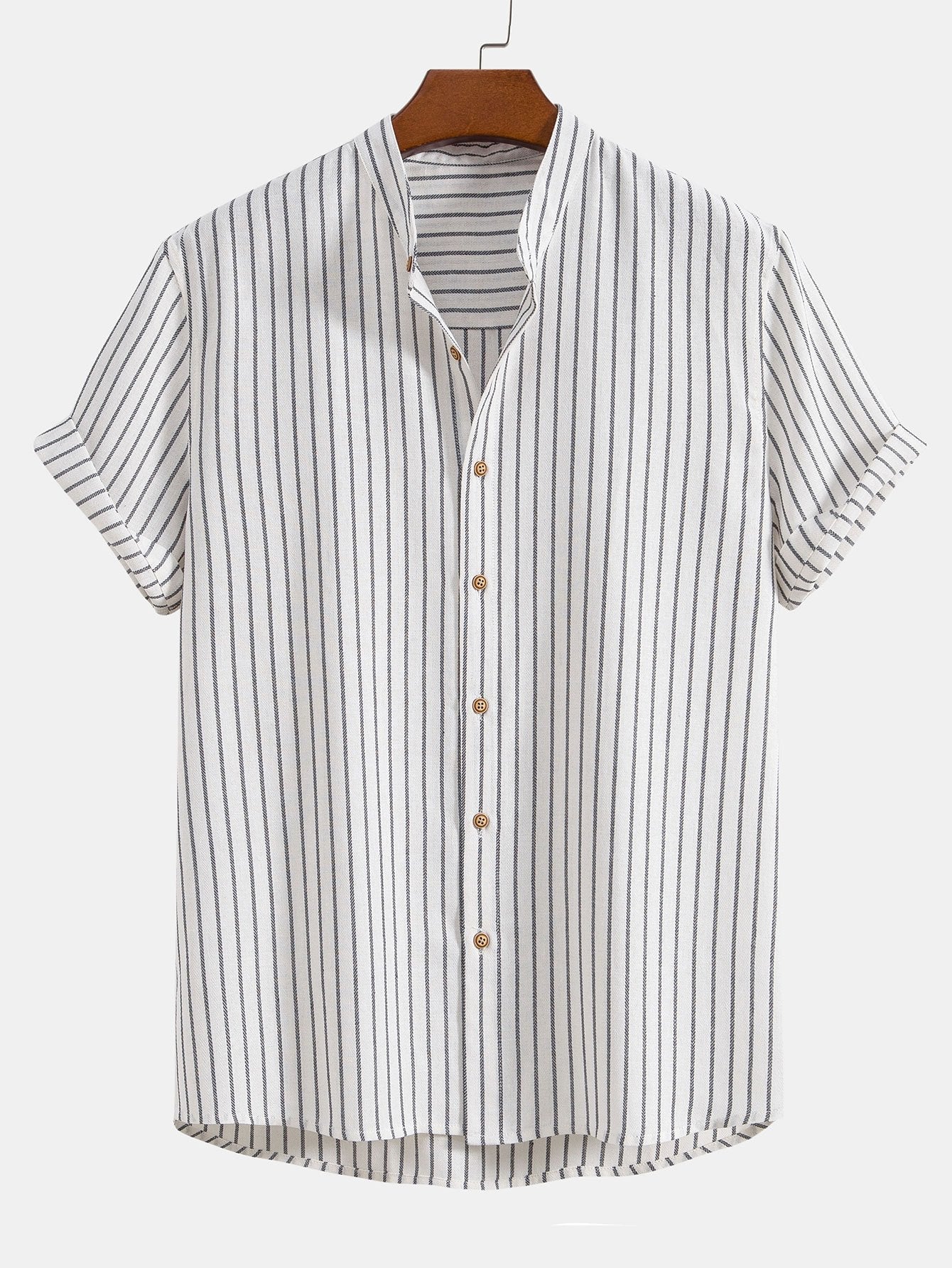 Cotton Blend Striped Stand Collar Shirt & Straight Leg Linen Pants