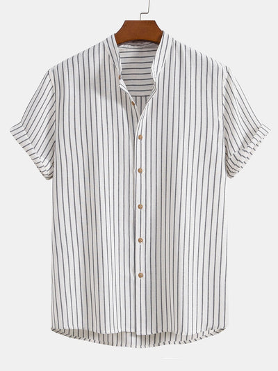 Cotton Blend Striped Stand Collar Shirt & Straight Leg Linen Pants