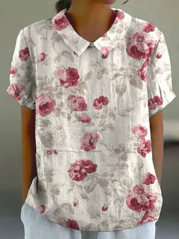 Floryn™ | Blommigt Tryck Bomull Linne Vår-Sommar Blus